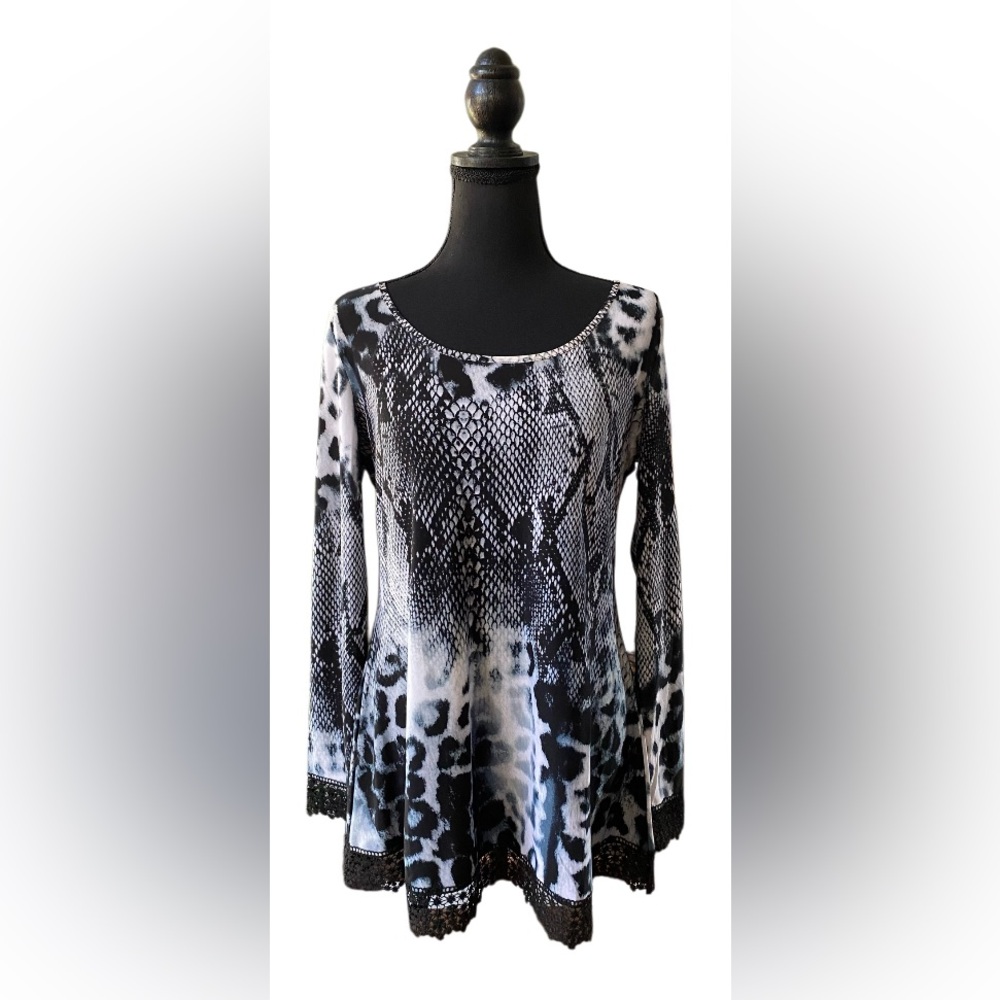 Milano: Snakeskin Long Blouse with Black Lace Trim